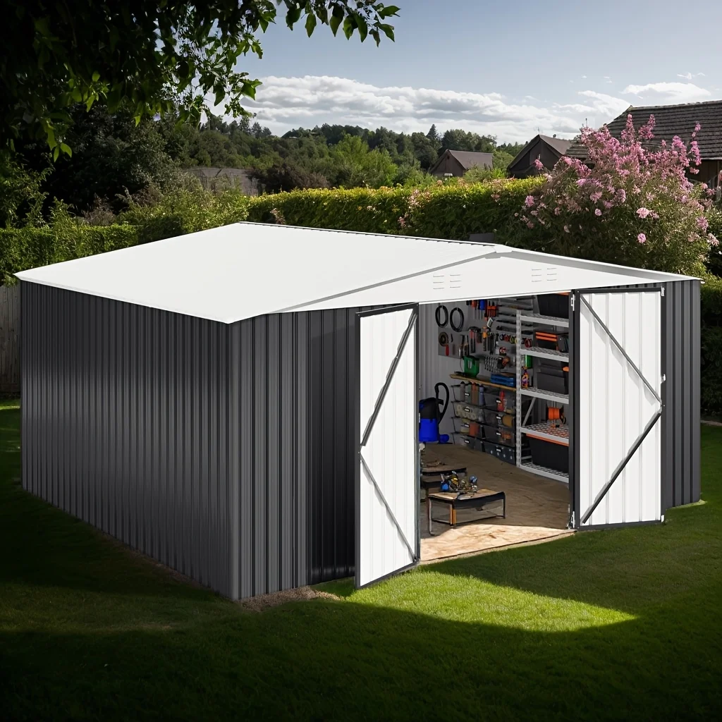 

10x12/12x14FT Galvanized Steel Storage Shed Heavy Duty Lockable Hasp Door Black/White Roof Garden Tool Shed for Backyard Patio