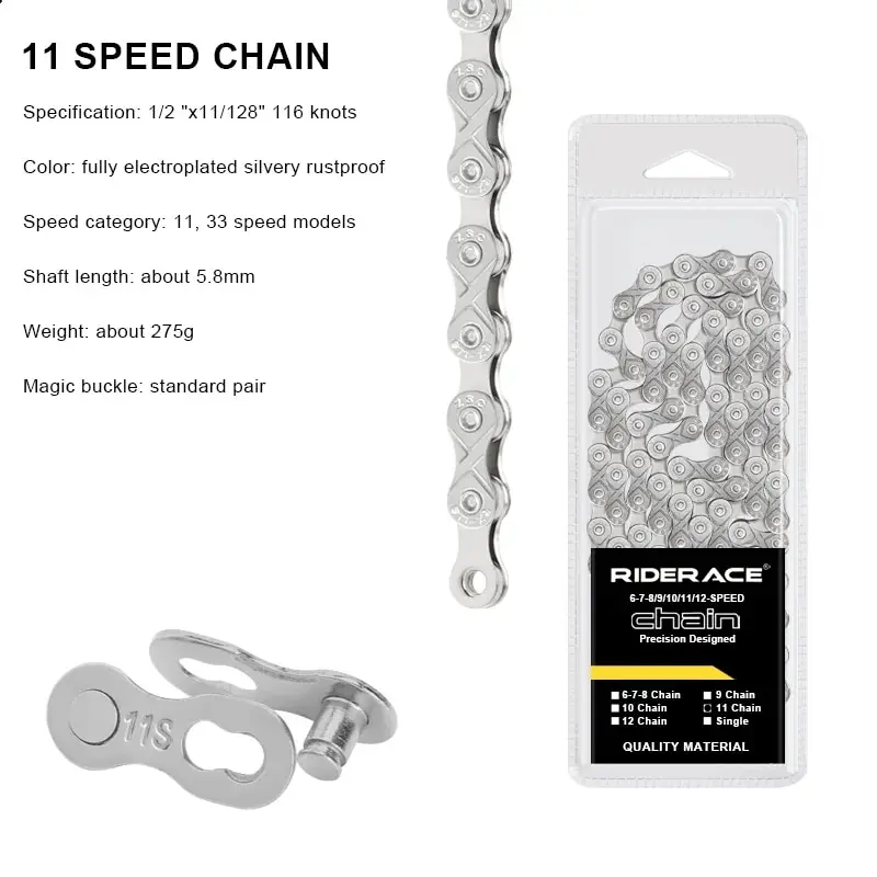 RIDERACE Bicycle Chain 116L 8 9 10 11 12 Speed Silver Ultralight Mountain Road Bike Chain For 24/27/30 Variable Speed Chain