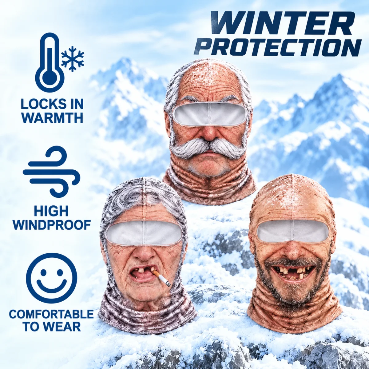 3D Face Printed Old Man Balaclava White Mustache Full Coverage Winter Mask Cover Stretch Elastic Funny Ski Mask