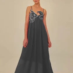 3D Fish Shaped Embroidery Pleated Sling Dress Women Spring Strapless Hollow Party Long Dress Summer Backless Side Zip Boho Dress