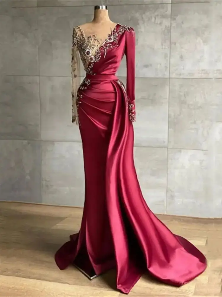 Elegant Red Women Evening Dresses V-Neck Long Sleeves Pleat Customized Prom Gowns Sexy Sequin Bead Princess Vestidos De Noche