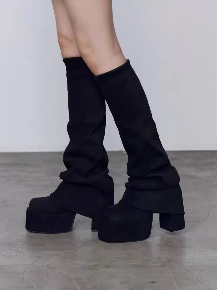 

Women's Suede Slouchy Knee-High Boots Platform Sole Chunky Heel Bold Avant-Garde Style for Casual Street Runway Fashion Looks