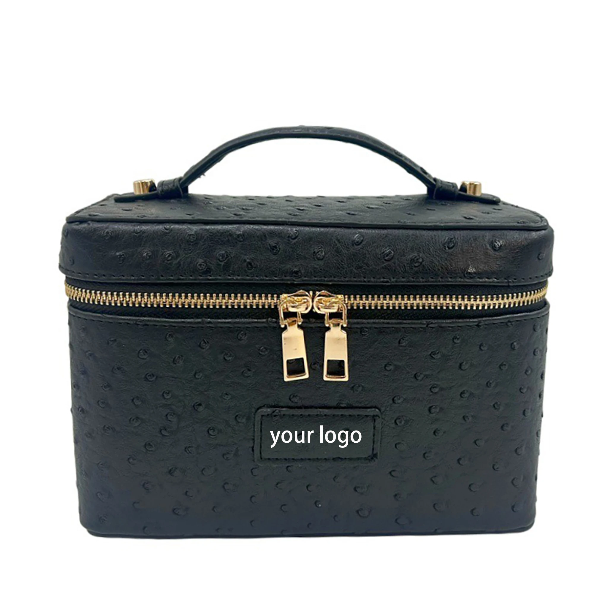 Ostrich Embossed Vegan Leather Makeup Bag with Custom Logo Private Label Travel Cosmetic Storage Pouch Handbag Wholesale