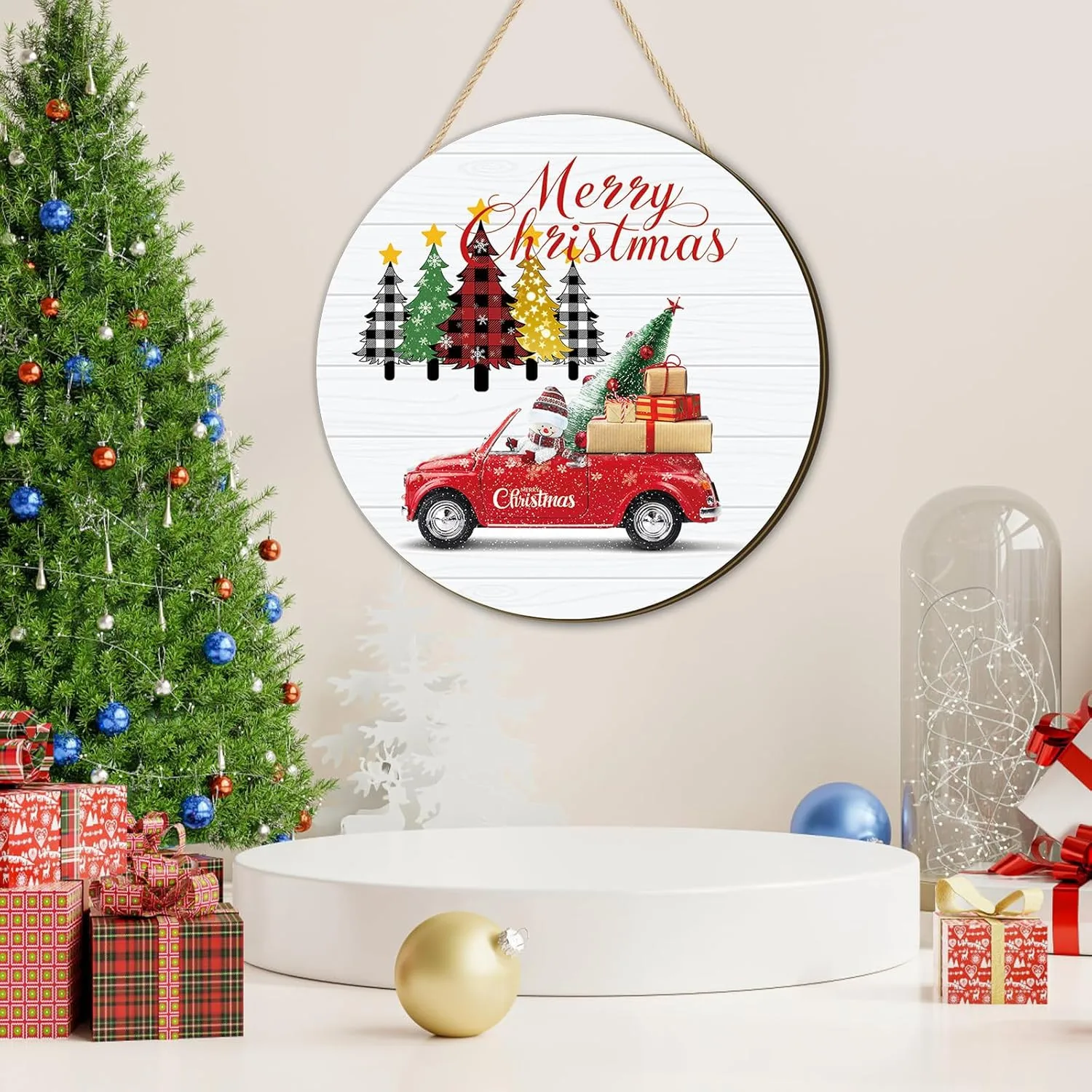 Merry Christmas Door Sign Buffalo Plaid Tree Truck Xmas Trees Wall Decor 12X12 Inch Rusic Design Holiday Porch Decor