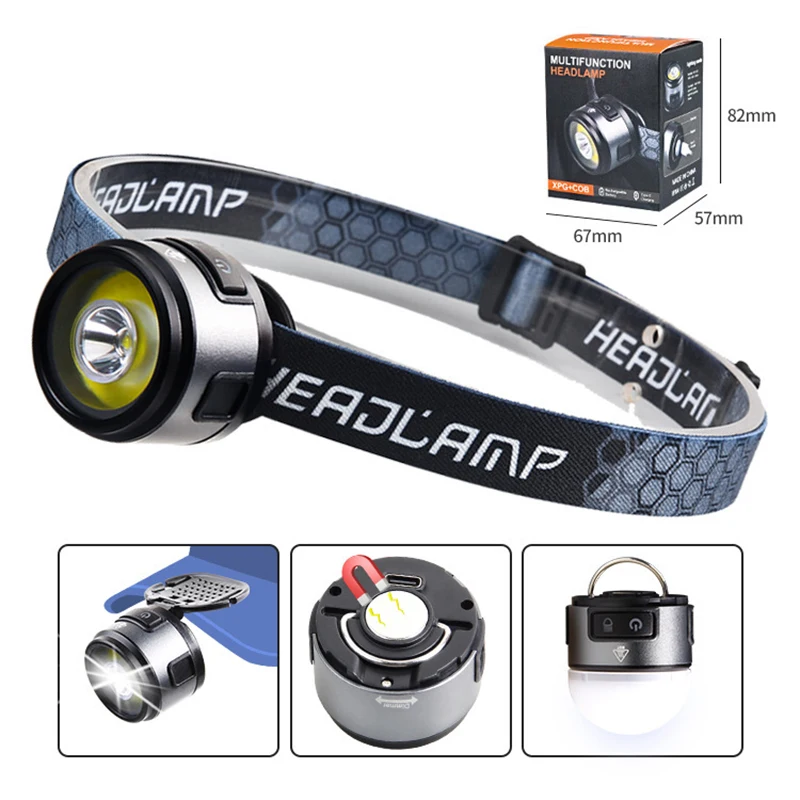 Multifunction Portable LED Headlamp USB C Rechargeable Head Flashlight With Strong Magnet Cap Clip Camping Fishing Headlight