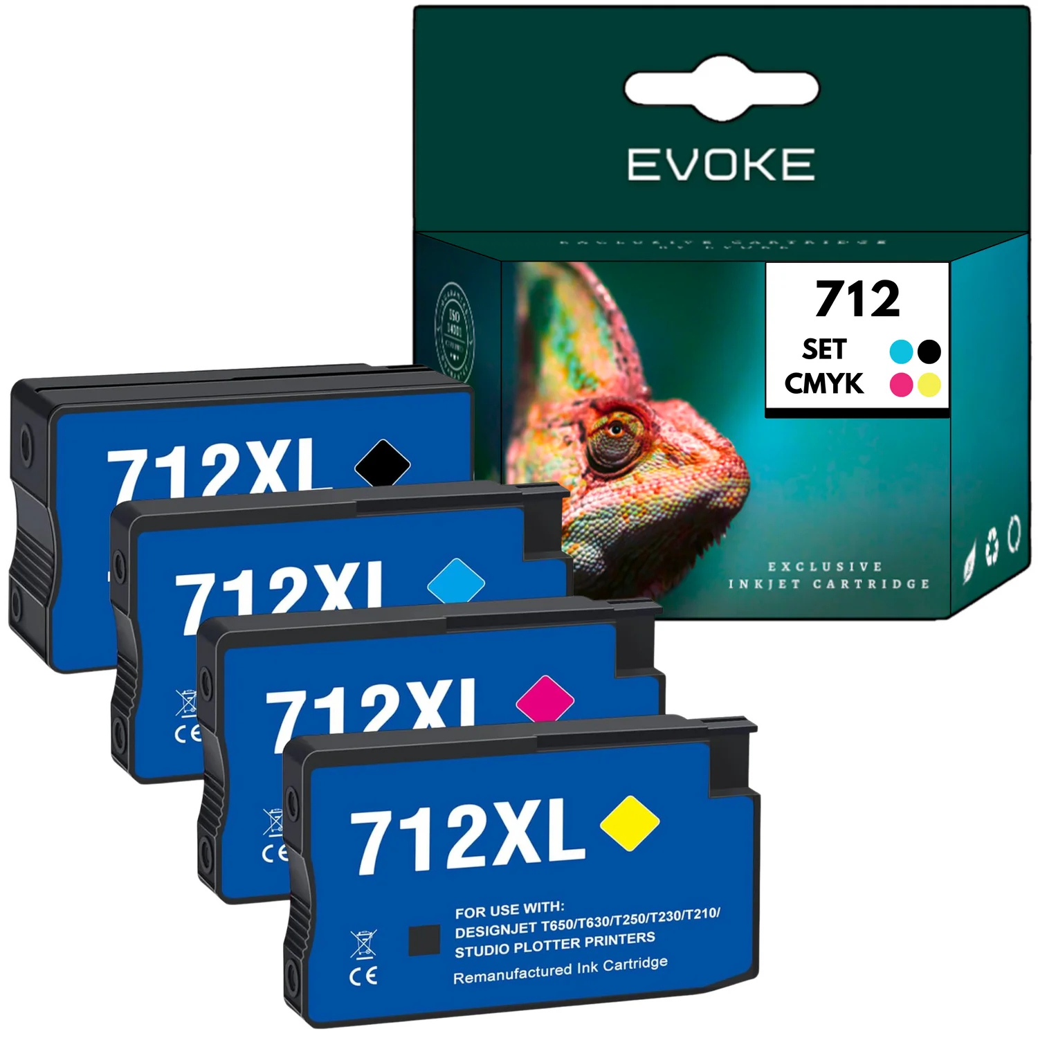 Evoke compatibele inkt voor HP 712 3Ed71A 3Ed67A 3Ed68A 3Ed69A 4X CMYK: zwart, cyaan, magenta, geel 167 ml Designjet T210 T230 T250 T630 T650, Studio 24 inch 36 inch, Studio Steel