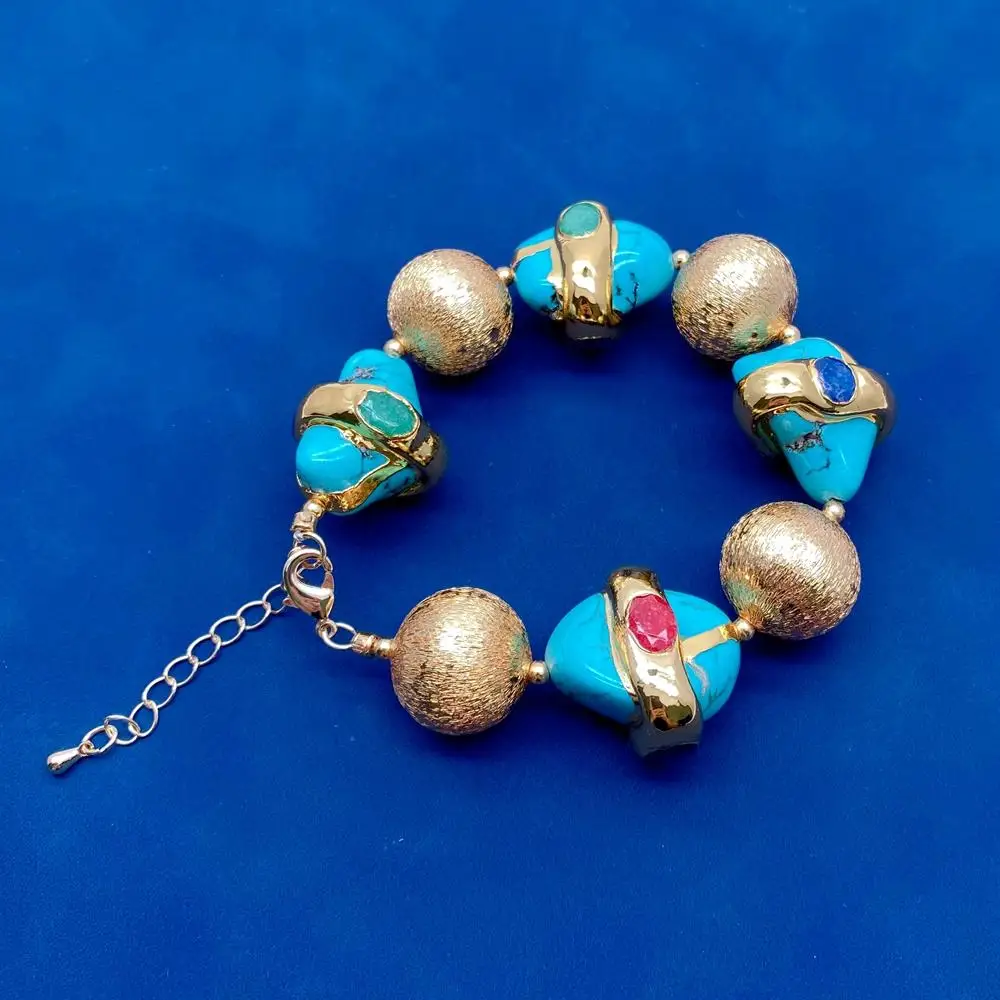 

Blue Turquoise nugget gold plated brushed round beads Bracelet