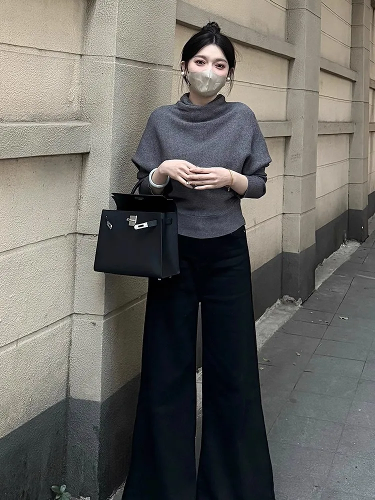 Draped Cowl Neck Knit Sweater Batwing Long Sleeve Solid Gray Slim Cropped Pullover Elegant Minimalist Fall Winter Soft  Knit Top