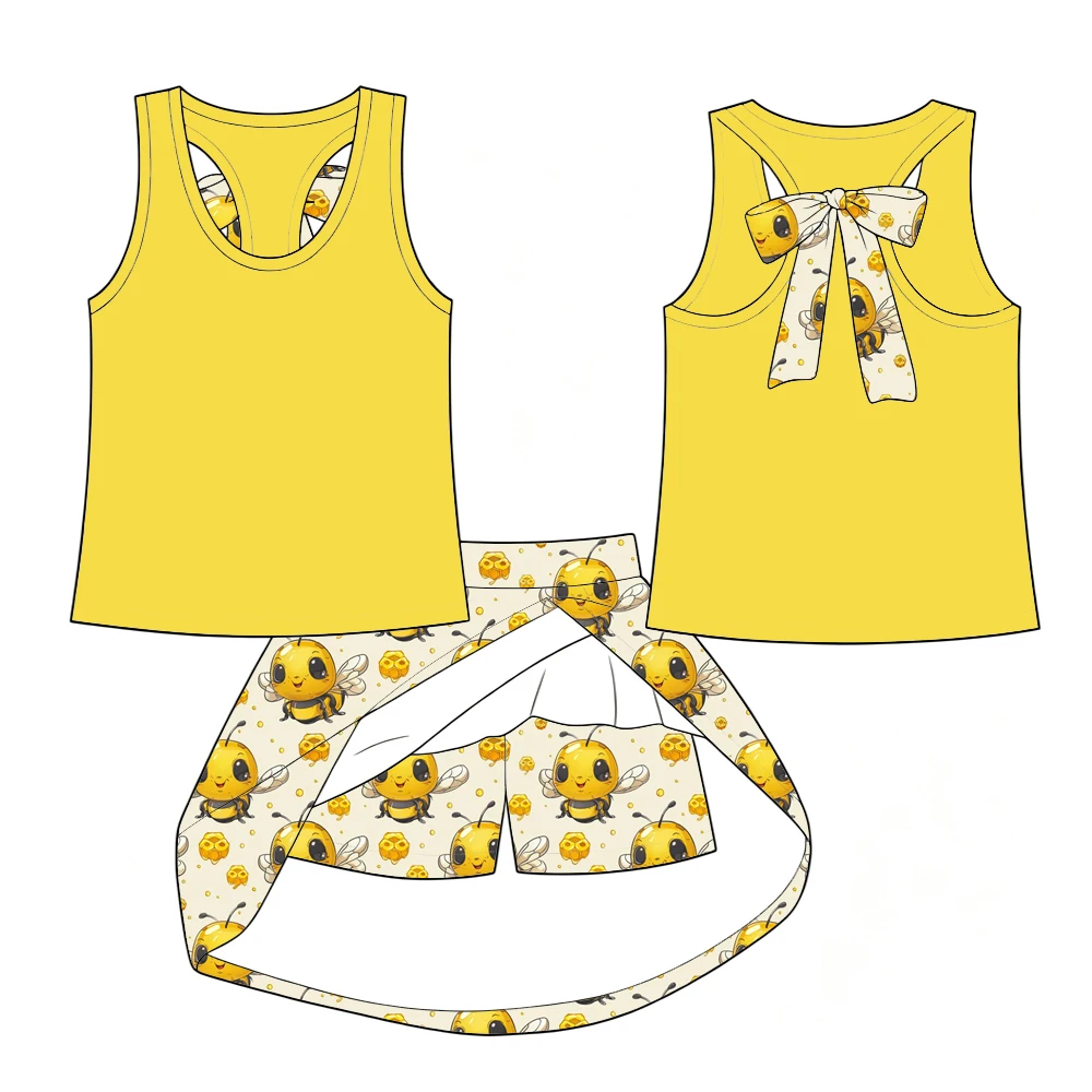 Boutique children's set sleeveless bow decoration top paired with safety shorts and skirt watermelon bee puppy print wholesale