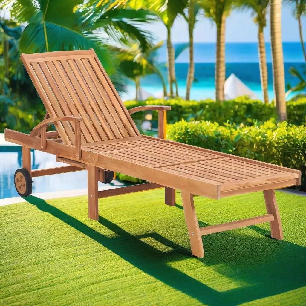 Set of 2 Durable Solid Teak Wood Sun Loungers for Outdoor Relaxation