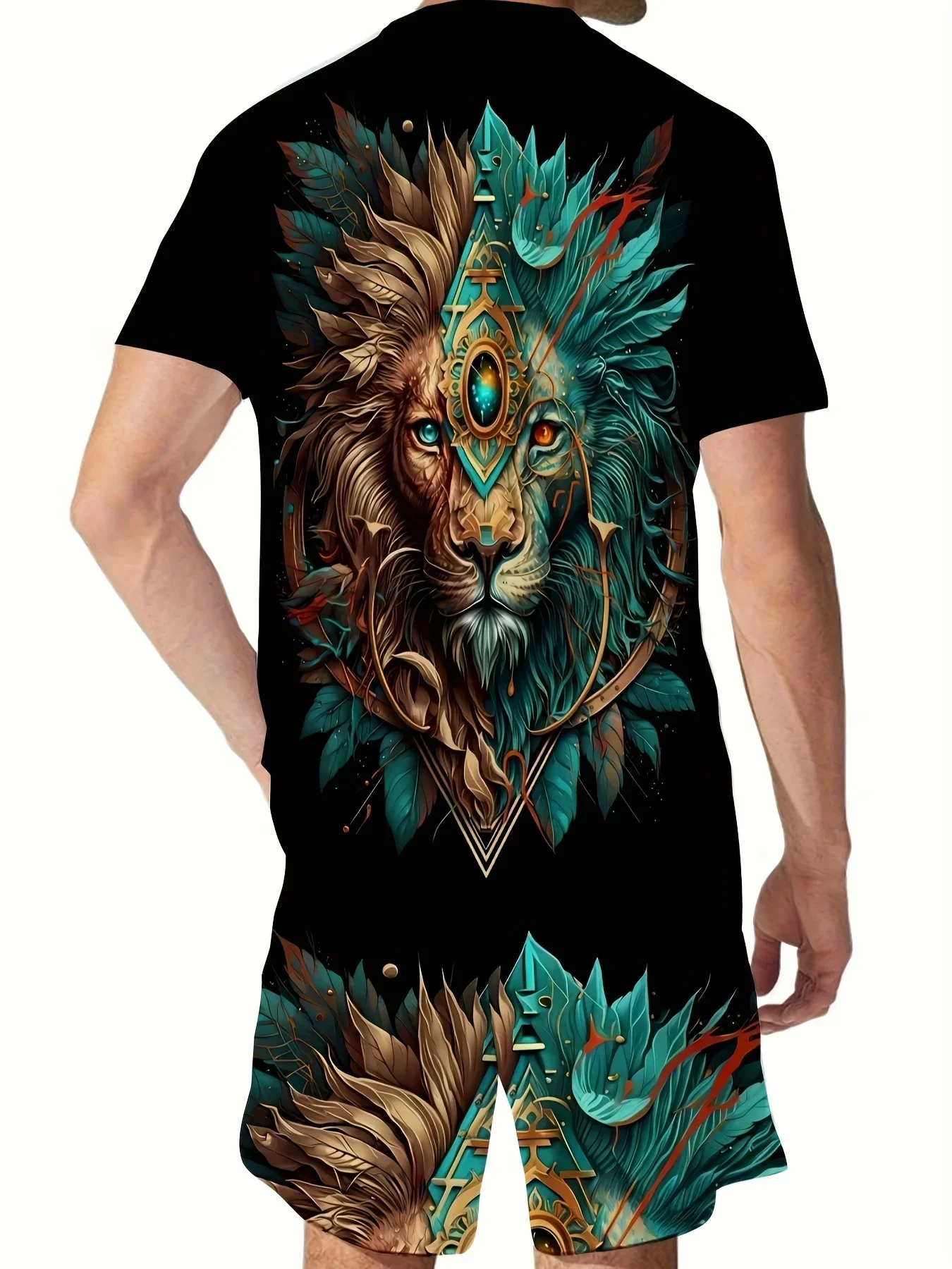 Headband gemstone lion Suits Pattern Print, Men's 2Pcs Outfits, Casual Crew Neck Short Sleeve T-shirt And Shorts Set For Summer