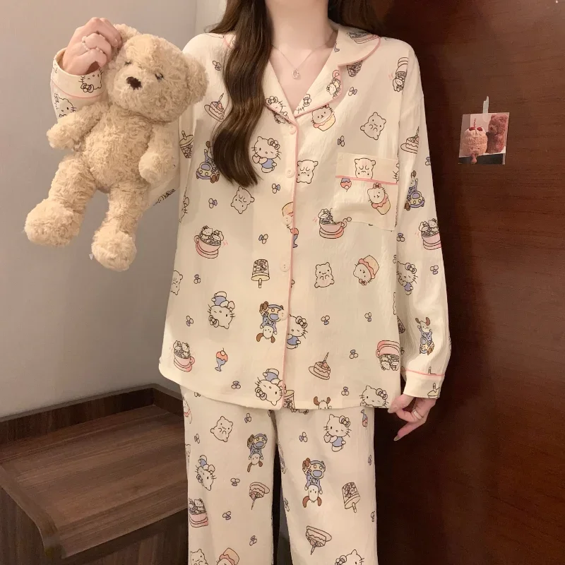 Pyjama Hello Kitty en pur coton pour la maison, pantalon à manches longues, ensemble 2 pièces, dessin animé Sanurgente, décontracté, respirant, automne, nouveau