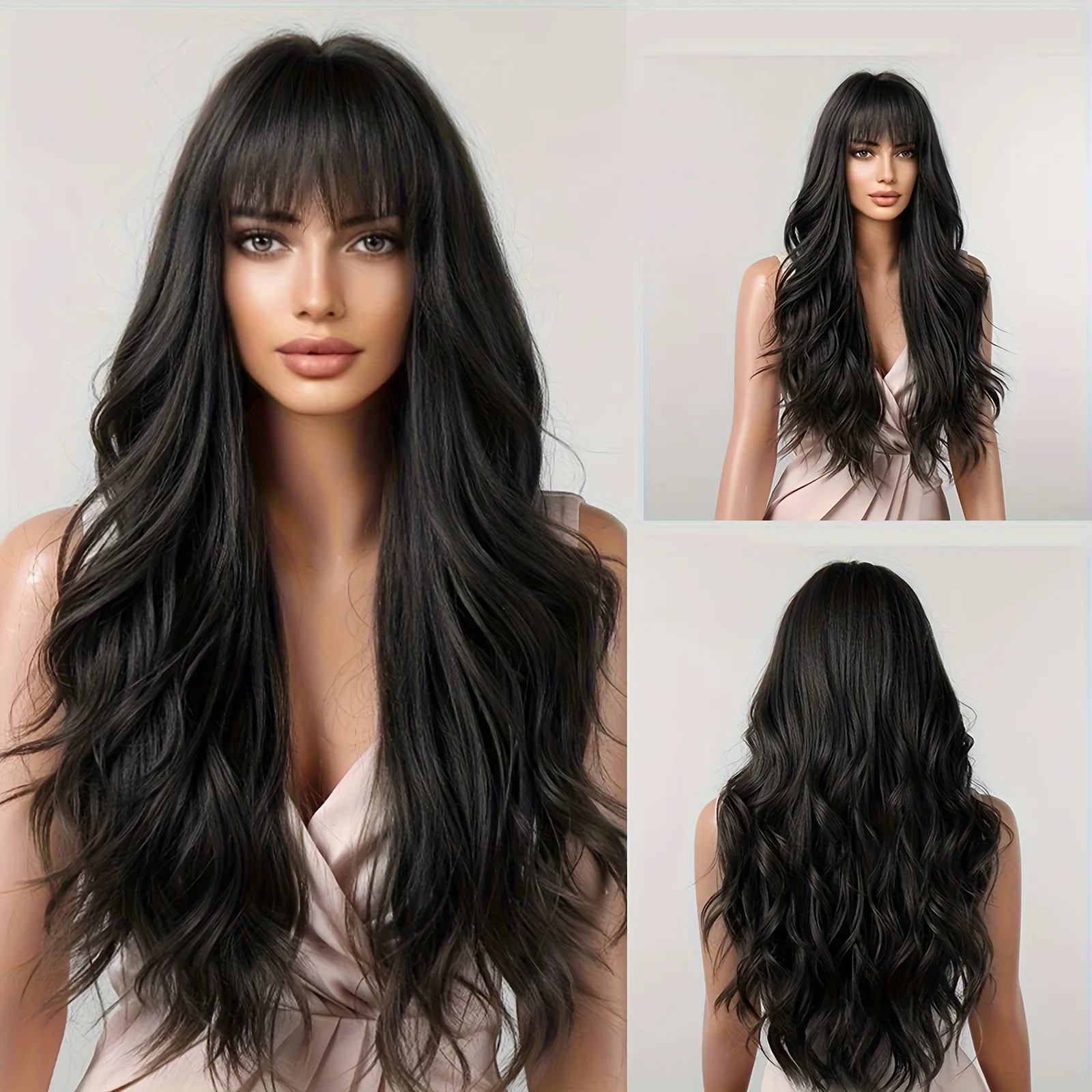 

Black long curly hair Qi bangs fluffy big wave wig European and American mechanism chemical fiber rose mesh headgear wigs