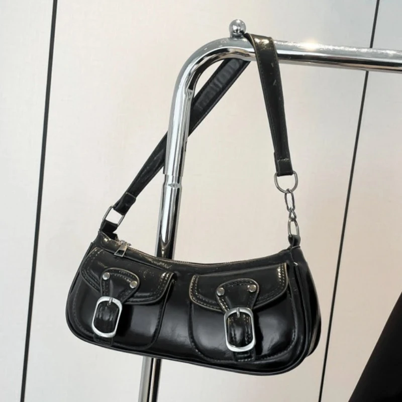 Moda couro do plutônio bolsa de ombro feminina pequeno bolso duplo design senhoras axilas sacos y2k vintage bolsas femininas bolsa embreagem