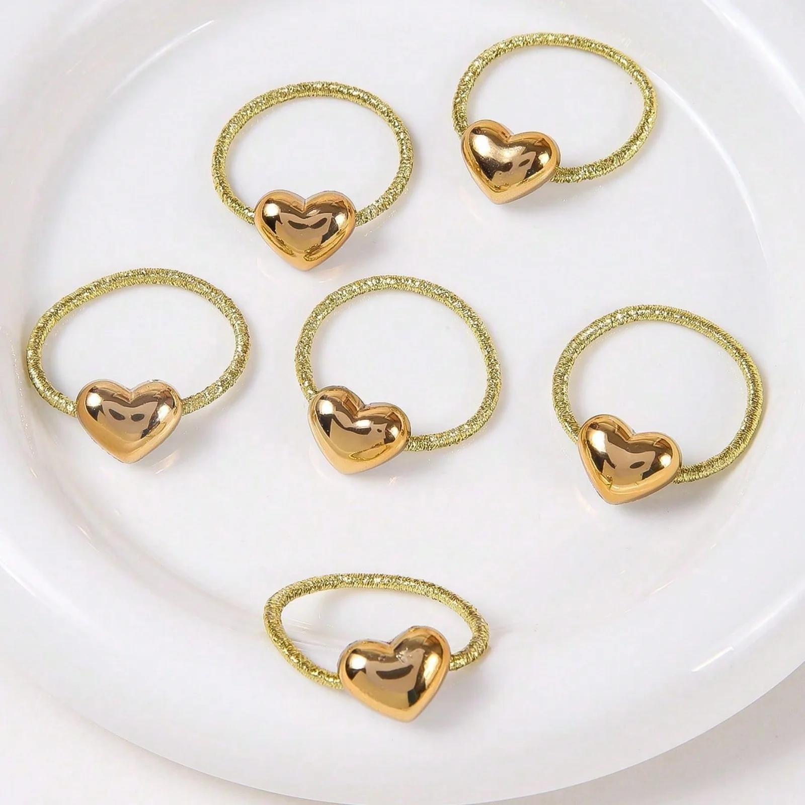 10PCS Gold Heart Hair Rings Set, Glittery Braided Hair Accessories For Girls, Cute Metallic Heart Decor Hair Bands image 6