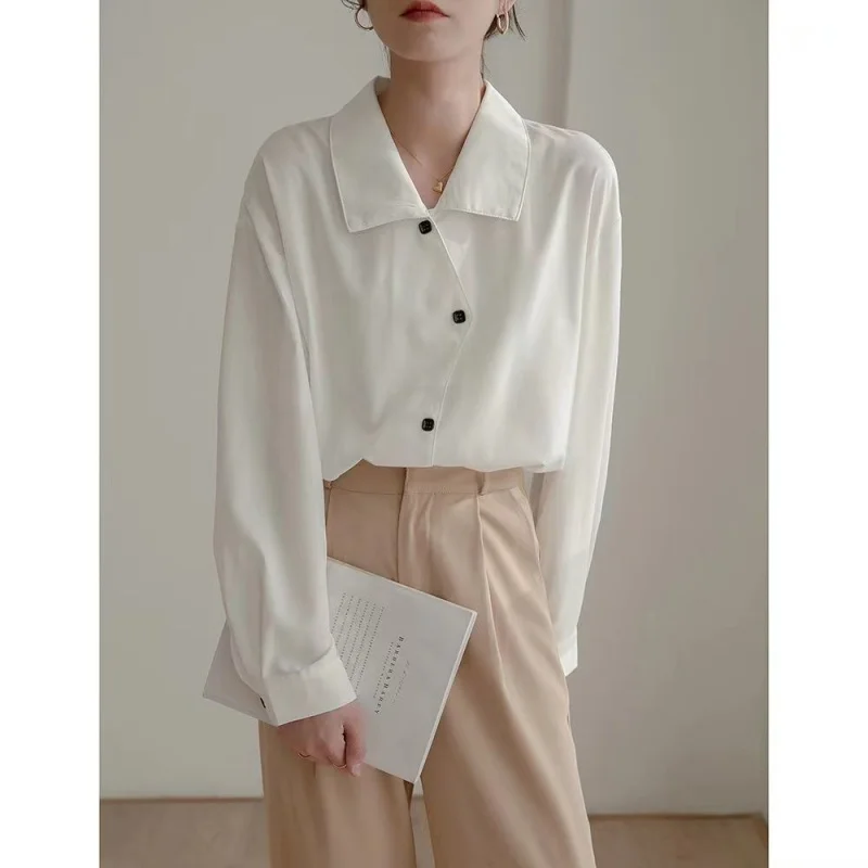 

Satin White Shirt Women, Unique Design, Loose Long Sleeve, Draped Blouse, Chic Top, French Style, Professional Irregular