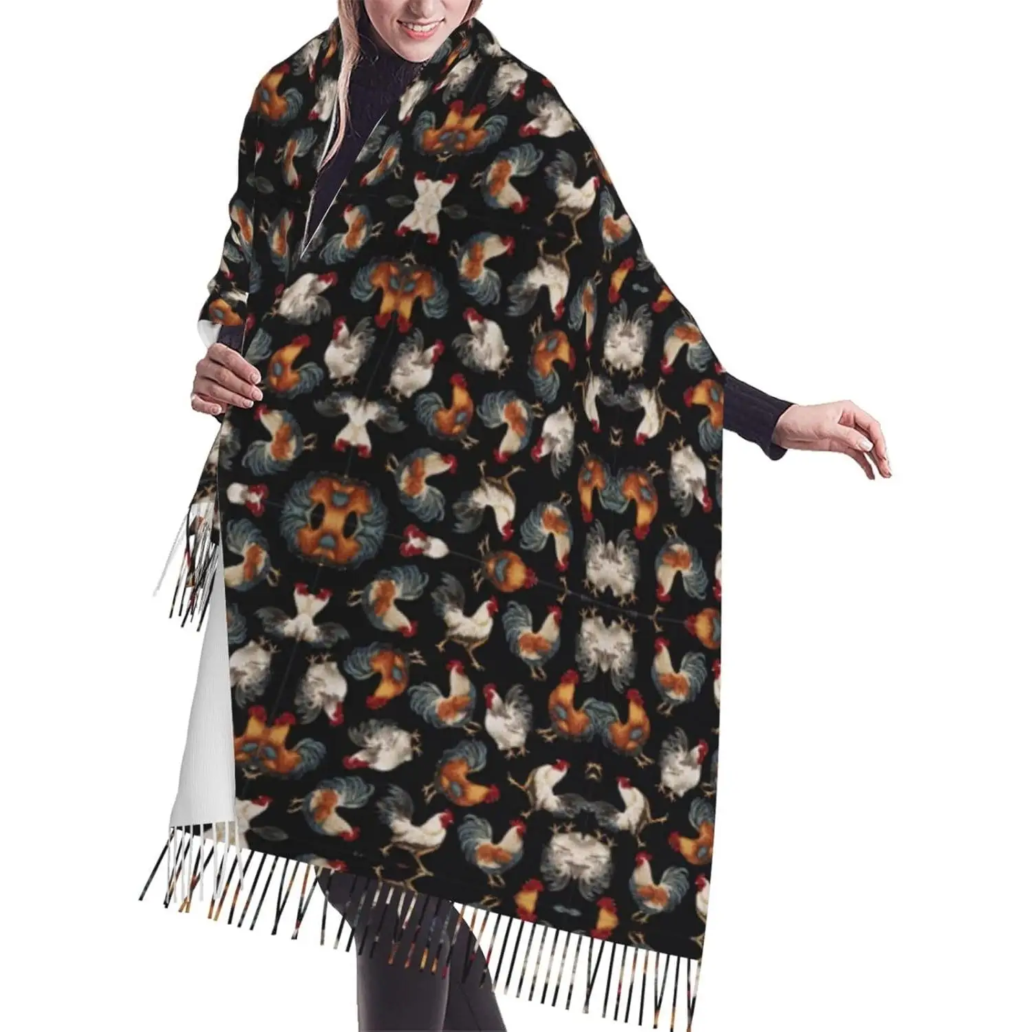 

Шарф с бахромой и принтом петуха, легкий женский модный шарф, мягкая шаль, шарф с кисточками, подарок, подарок для женщин, весна, осень, зима