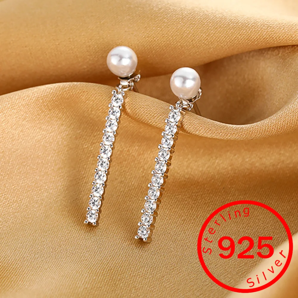 Nuovi orecchini in argento sterling 925 con perle lunghe e zirconi, fascino squisito, orecchini da donna di alta qualità, regalo per feste di compleanno, gioielleria raffinata