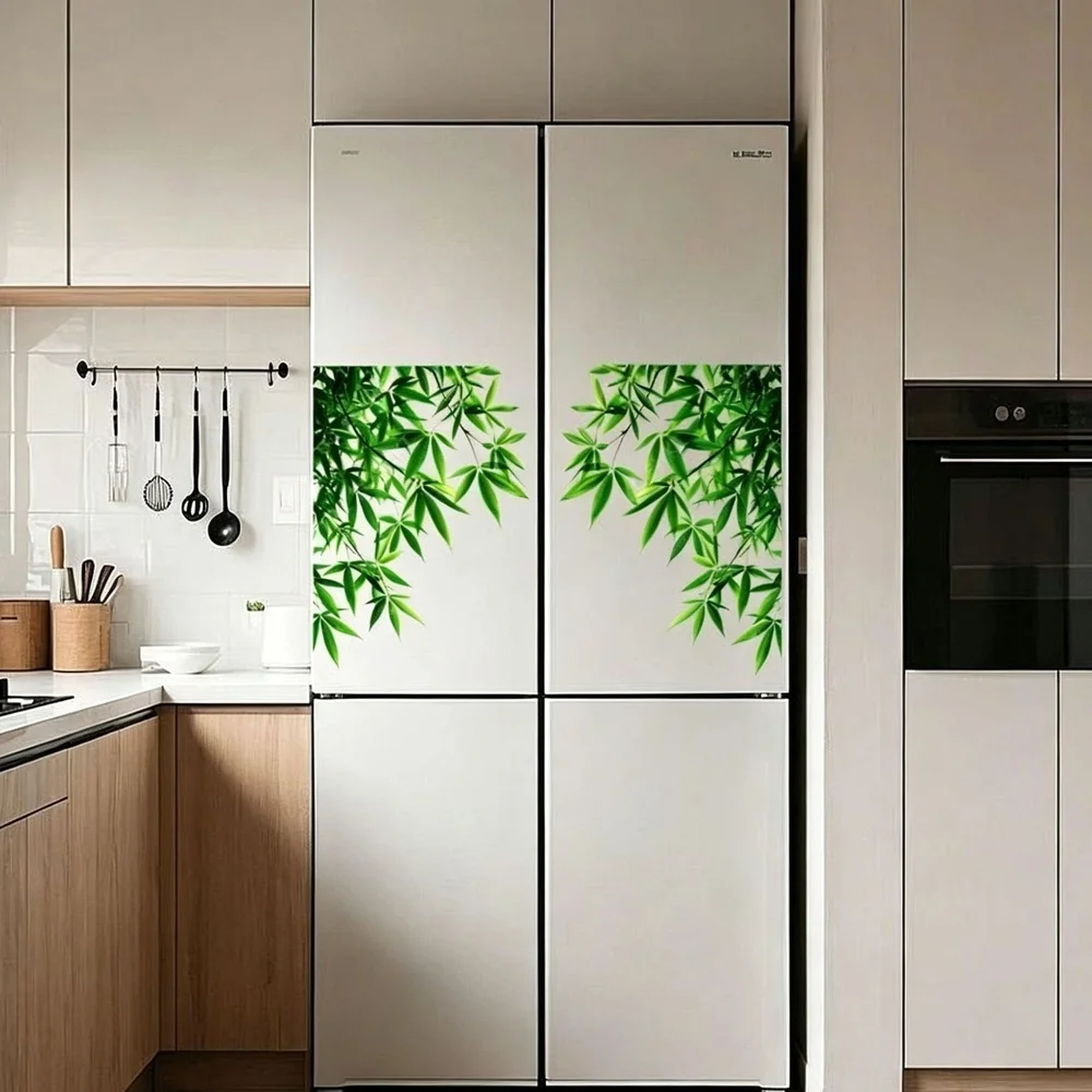 Fresh Natural Bamboo Leaf Fridge Sticker Waterproof Adhesive Kitchen Decor Mural Home Appliance Surface Ornament Decal Artwork