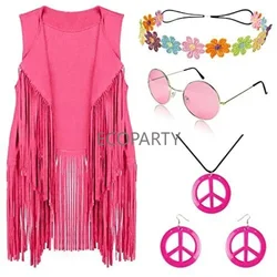 2023 New Autumn 60s 70s Outfits for Women Hippie Costume Set Peace Sign Earring Headband Necklace Sunglasses Five Piece Set