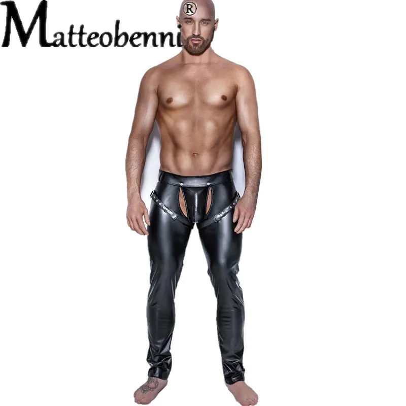 Erotische Männer Faux PU Leder Hosen Männlichen Wetlook Latex Hose Vorne Offen Pole Dance Hosen Homosexuell Fetisch PVC Hosen Clubwear kostüme