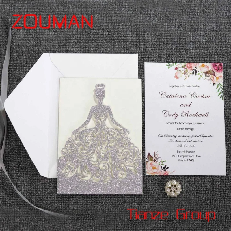 

Custom , Custom Glitter Laser Cut Luxury Bride Wedding Invitations with Ribbon and Envelopes Greeting Card Set