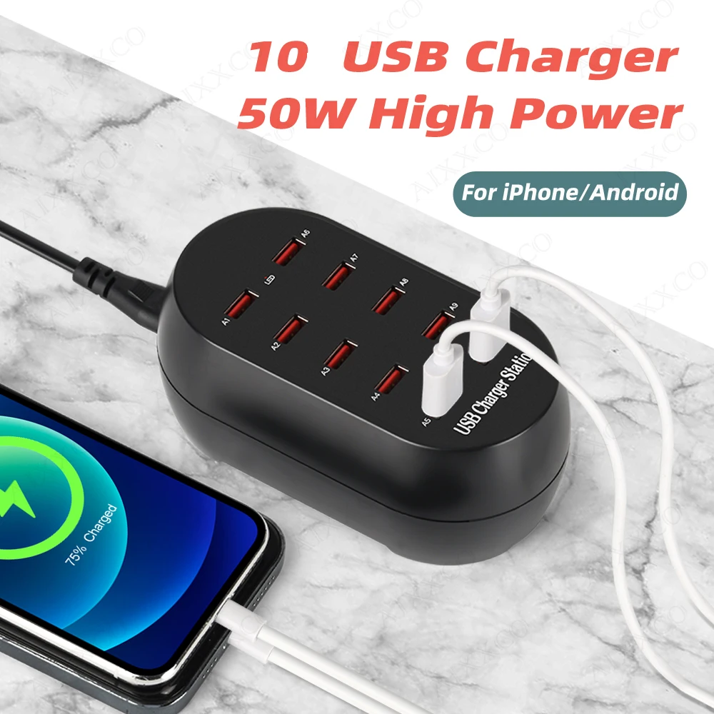 USB Charging Station 10-Ports 50W/10A Multi Port USB Hub Charger with for Cellphone & Tablet Multiple Devices  Cargadores