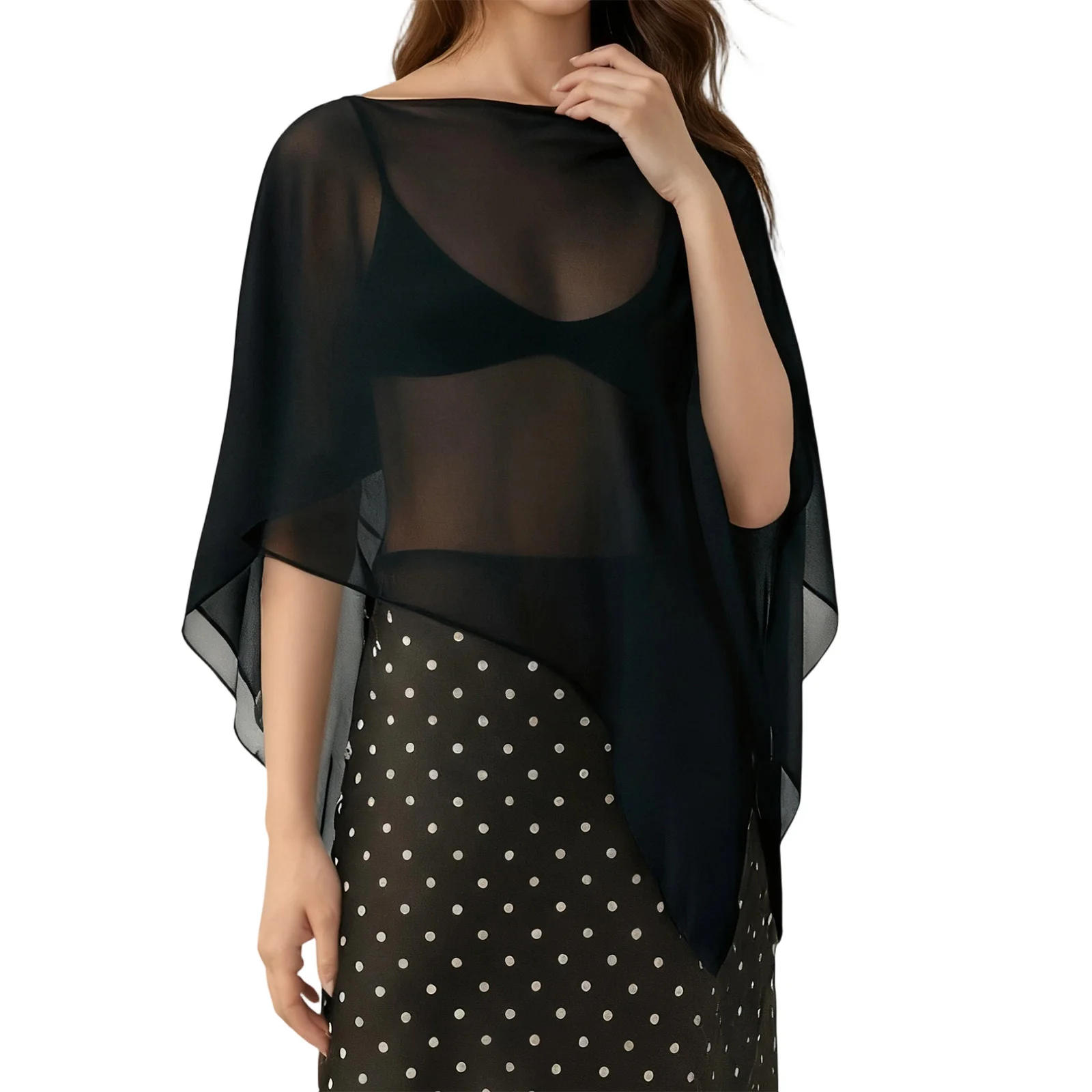 

Sheer Mesh Poncho for Maternity Women Loose Solid Boat Neck Irregular Coverup Tops Casual See Through Shrug
