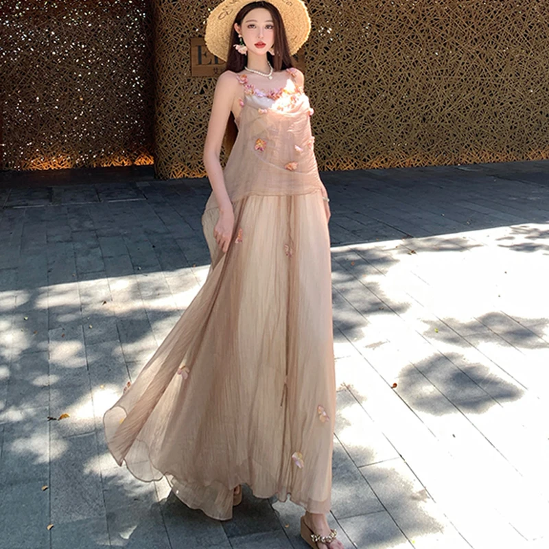 ภาษาฝรั่งเศสคําอารมณ์หวาน 3D ดอกไม้ Boho ชุดยาวหญิงเซ็กซี่สปาเก็ตตี้ Slim เอววันหยุดชุดบอลชุด