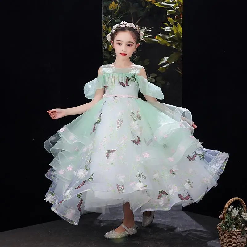 

Children's Model Catwalk Beauty Pageant Dress Girls Birthday Party Fluffy Yarn Princess Long Skirt Prom Small Host Evening Dress