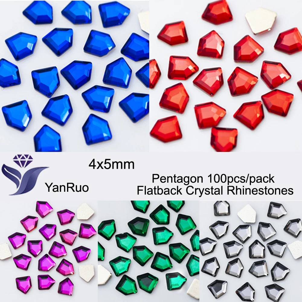 

YanRuo 100pcs 4x5mm Pentagon Crystal Glass Supplies Glitter Flatback Beauty Accessories Rhinestones Nail Art Charm Decorations