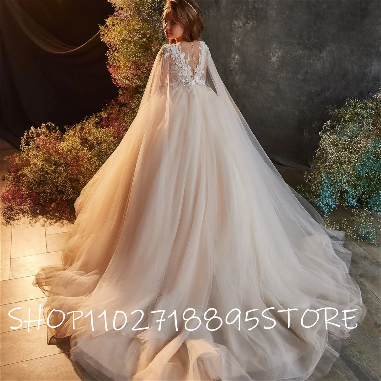 Luxury Champagne Glitter Tulle Girls Dresses For Wedding Party Children Princess Costume First Communion Dress