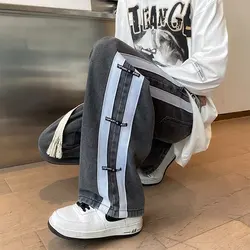 Men Skeleton Baggy Causal Jeans Pants 2024 Japanese Streetwear Wide Leg s Male Blue Vintage Denim Trousers