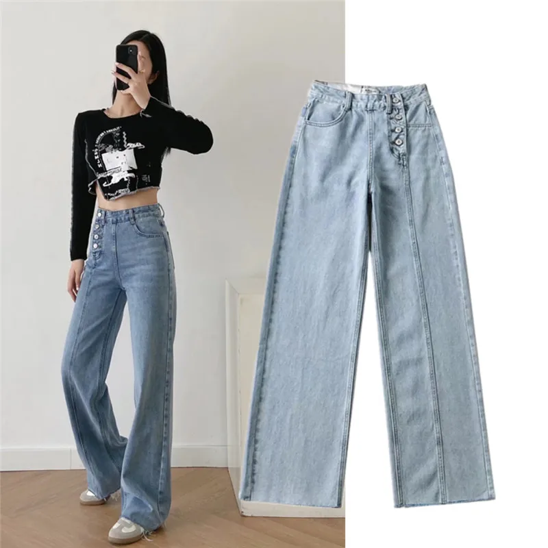 

Американские ретро High Street с боковыми пуговицами среднего размера S, потертые широкие длинные брюки, дизайн для похудения, высокая талия, прямая футболка длиной до пола...