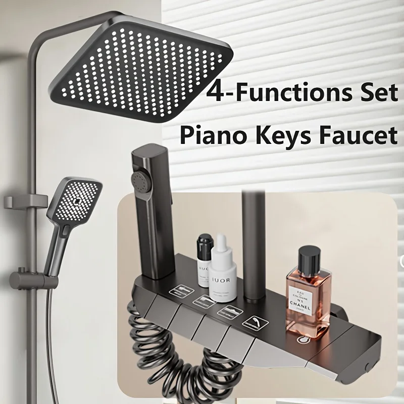

Luxury 4-in-1 shower system - Square piano key rain shower head and handheld nozzle, 3-mode adjustable temperature and flow rate