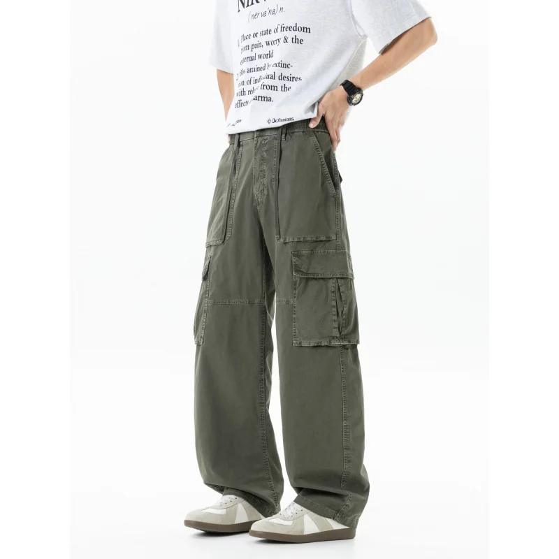 

Men's American Retro Work Pants Summer Thin Wide Leg Casual Loose Fit Multi Pocket Straight Leg Floor Length