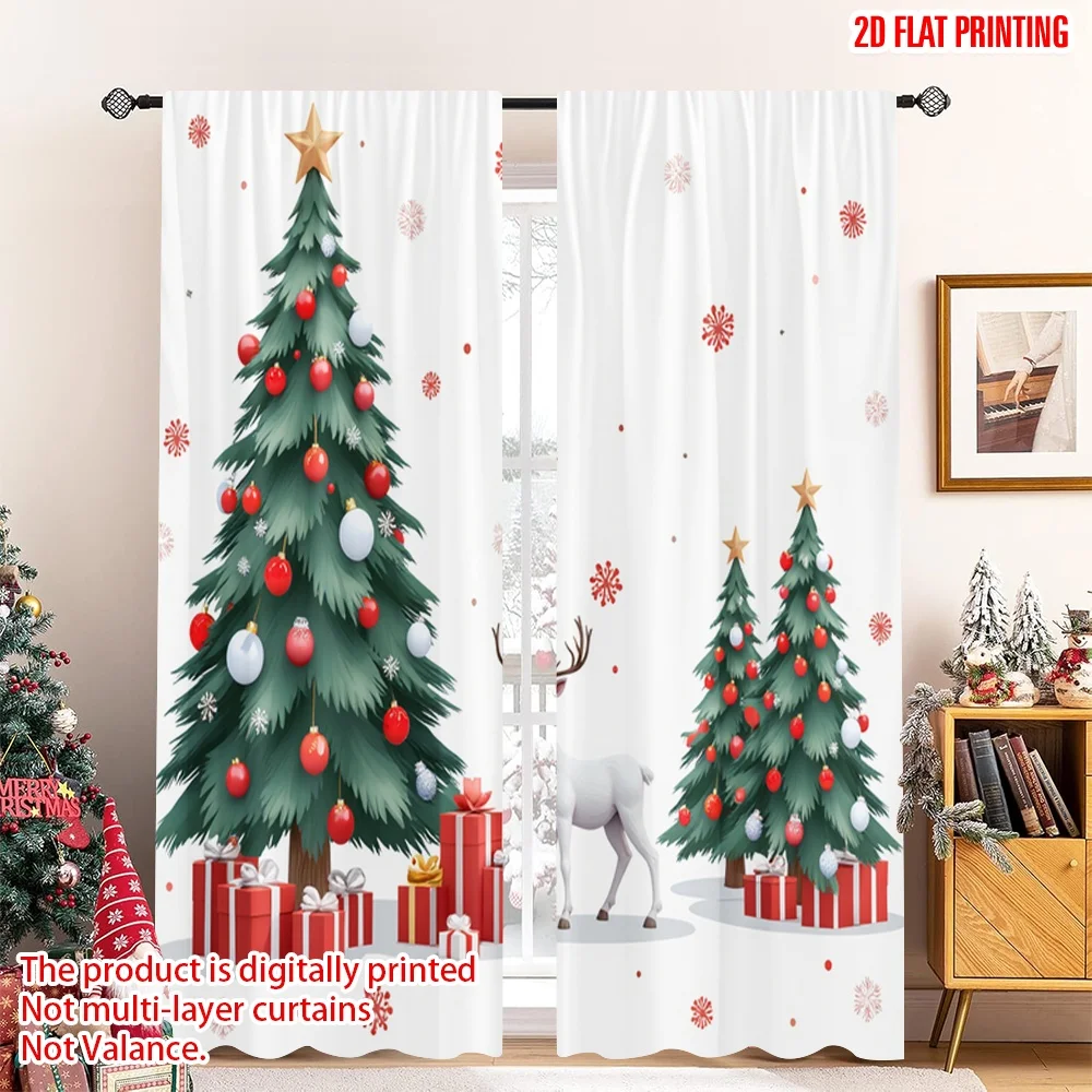 

2pcs 2D flat printing Merry Christmas Scene Curtains Christmas Deer Snowflakes Gift Boxes Polyester Without Electricity Party &