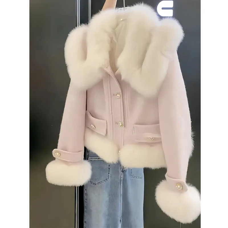 Korean Coat for Women, Large Fur Collar, Woolen Jacket, Single Breasted, Wool Blends, Female Clothes,New, Autumn,Winter