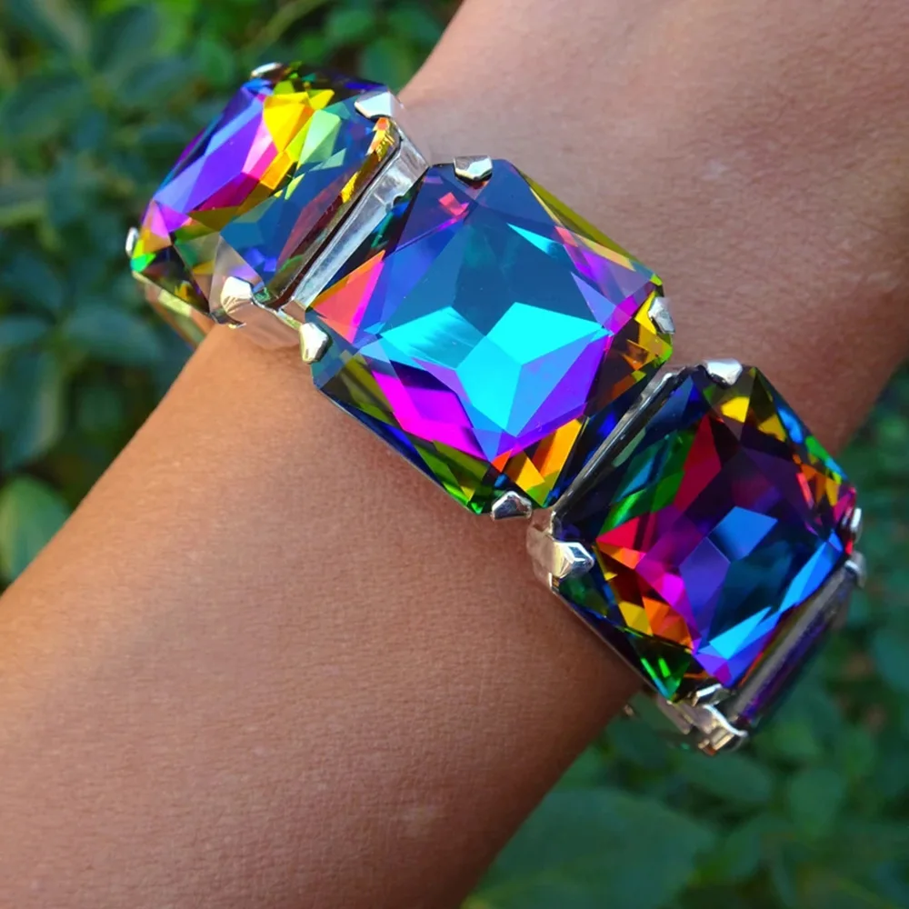 XSBODY Colourful Square Stretch Bracelet Bangle Dubai Hand Jewelry Fashion Chunky Rhinestone Statement Bracelet Chain Pageant