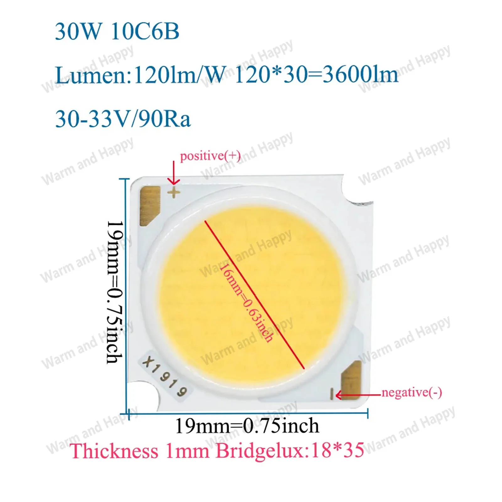 10 واط 20 واط 30 واط 40 واط 50 واط 10 قطعة LED COB LED الباعثة للضوء ديود Bridgelux حبة DC30-33V 19*19 مللي متر لمصدر الضوء النازل الأضواء