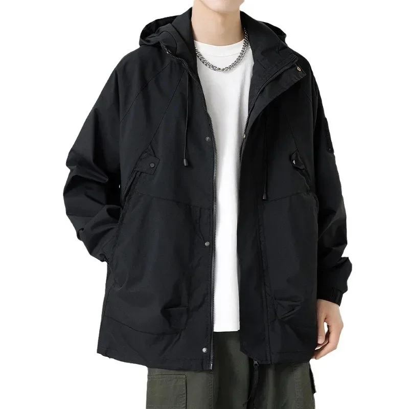 

Men Solid Color Spring Autumn Casual Hooded Jacket Teenage Windproof Waterproof Outerwear Skin-friendly Fabric Streetwear Style