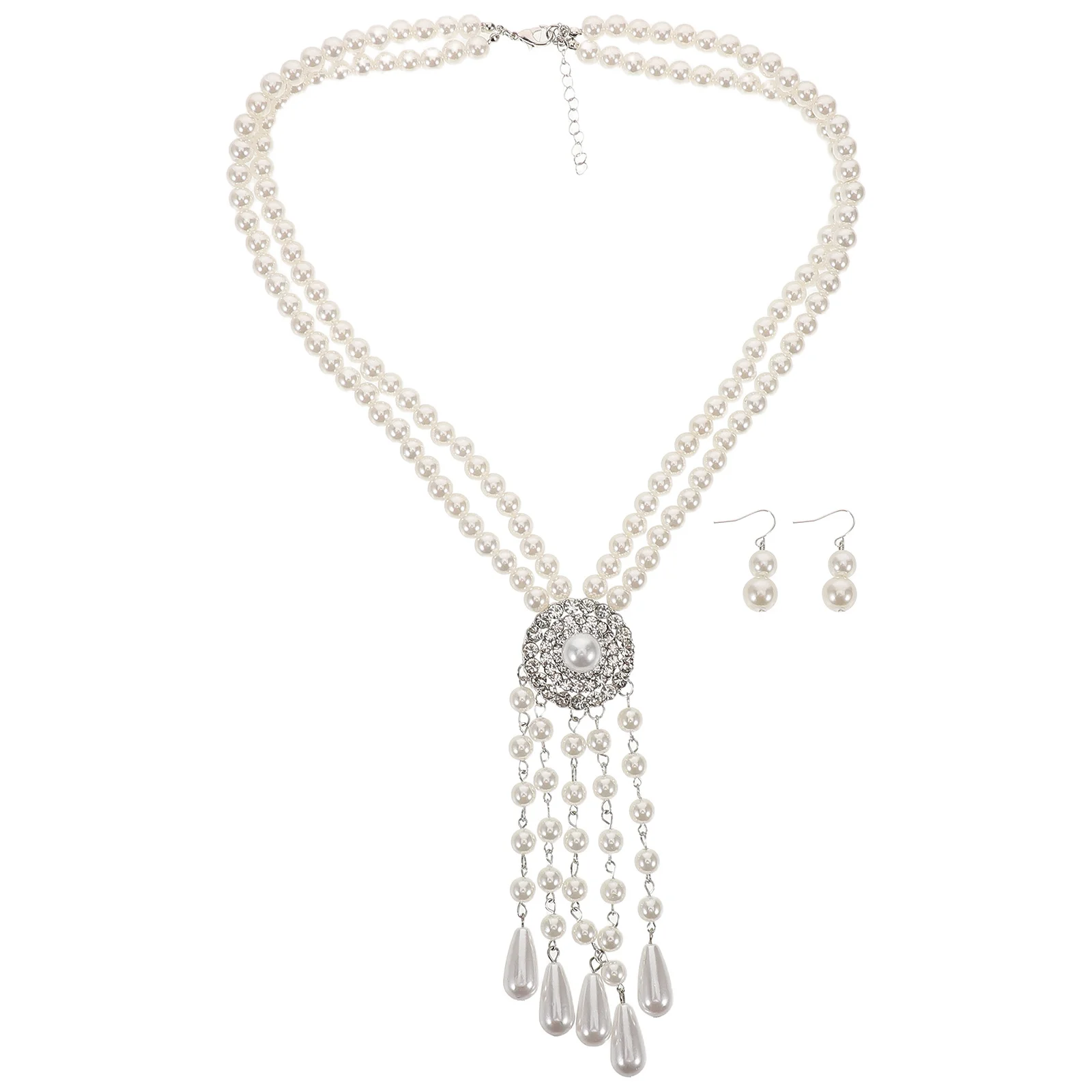 

1 Set Pearl Necklace Earring Long Tassel Layered Imitation Baroque Beaded Chain Pendant For Women Girls Wedding Bridal Evening