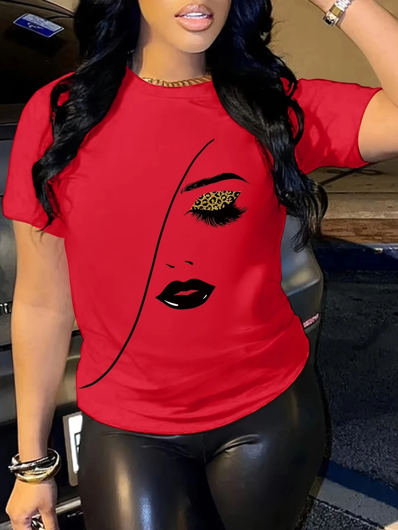 

Spring Summer Sleeve Top Women Clothing Crew Neck Top Eye Lip Print T-Shirt Casual Crew Neck Short t shirt women clothes kpop