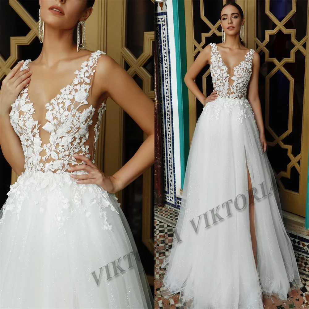 VIKTORIA-Vestidos de casamento extravagantes para mulheres, Apliques A-Line, Tanque de tule, fenda lateral, decote em v, personalizado, vestido nupcial, 2023