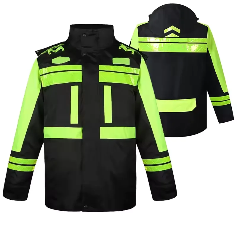 Reflective Raincoat Winter Safety Vest Two Piece Set Workwear Winter Windproof Keep Warm Safety Jackets