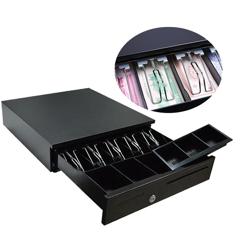 

Сверхмощный электронный денежный ящик, ящик для хранения, 5 купюр, 5 лотков для монет, поддержка проверки входа, автоматический ручной открытый замок с ключом RJ11