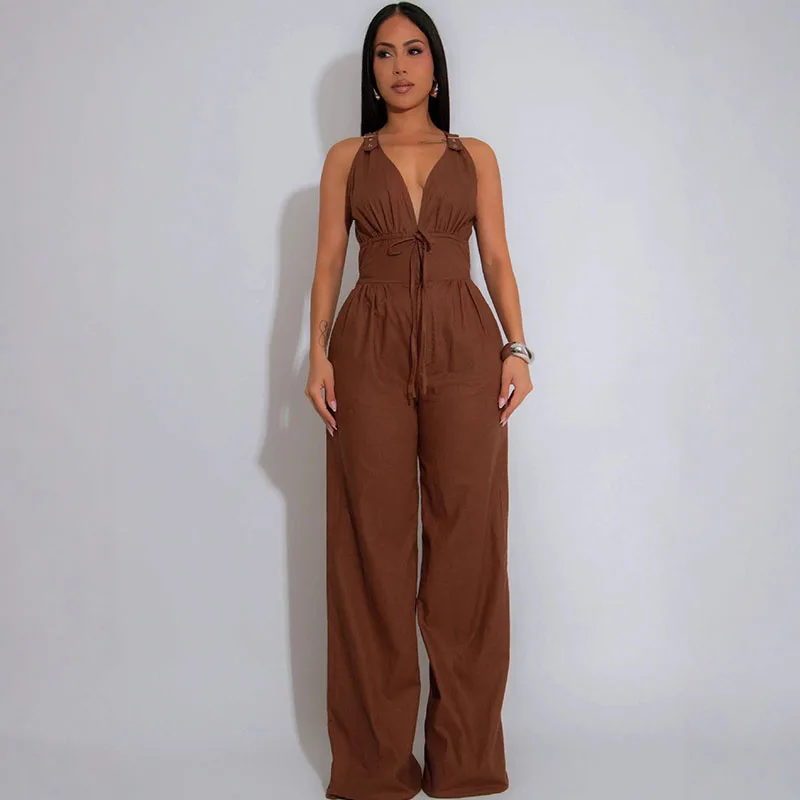 

Solid Tracksuit Outfits Wide Leg Jumpsuits Woman Sleeveless V-neck Lace-up Patchwork Ruched One Pieces Romper Casual Overalls
