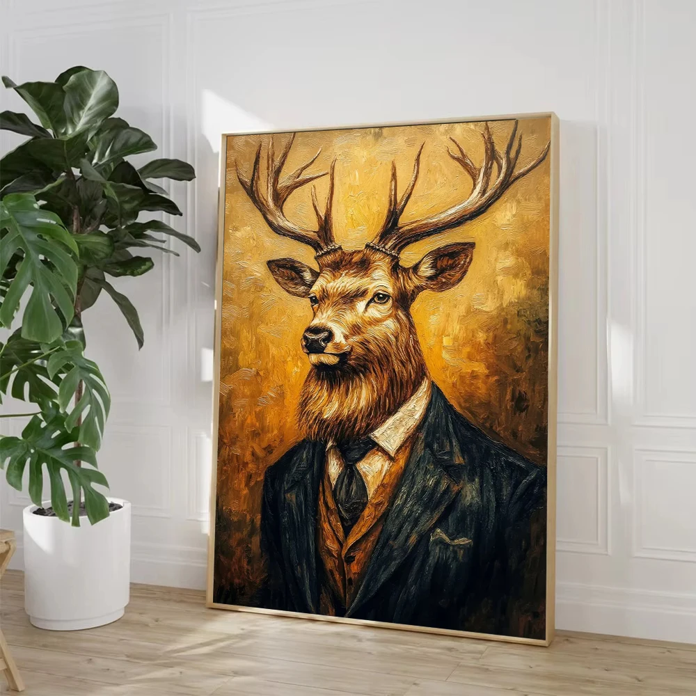 (1PC Unframe)Deer Frog Bull in A Suit Rabbit Panda Raccoon Portrait Poster Canvas Painting Print Wall Art Picture for Living Roo