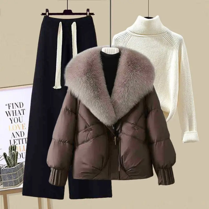 

Thickened Warm Cotton Jacket with Fur Collar Knitted Straight Leg Casual Pants Three Piece Set Winter Fashion Women's Ensemble