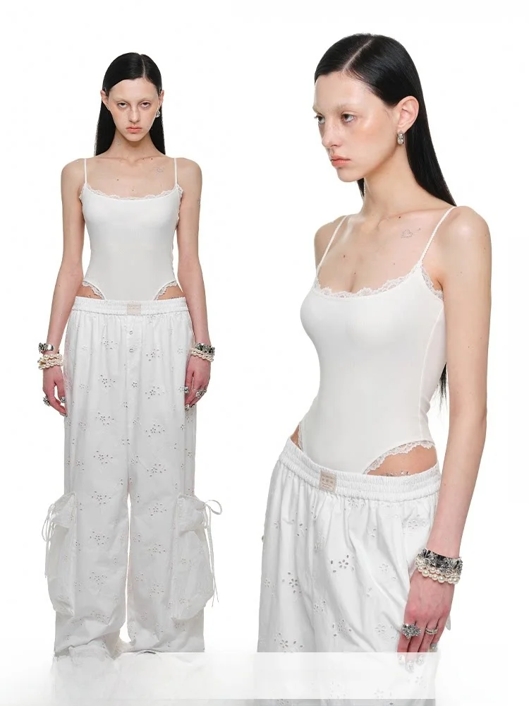 

JINN STUDIO Lace Trim Knitted Strap Jumpsuit Women's Slim Fit Sexy Bal Top Commute Sle Low Waist ort Pant Leggings